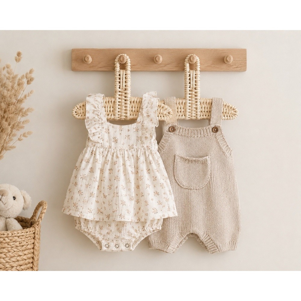 BEBE BASK Rattan Curved Baby Clothes Hangers Set of 2 Beige Under 6in - Picture 2 of 7